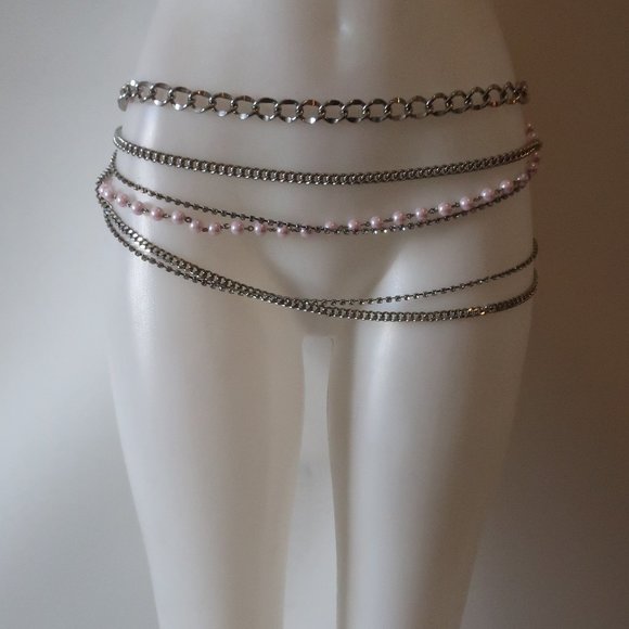 Shag Boutique Silver Multi Chain & Pink Faux Pearls Hip Chain Belt* - Picture 1 of 9